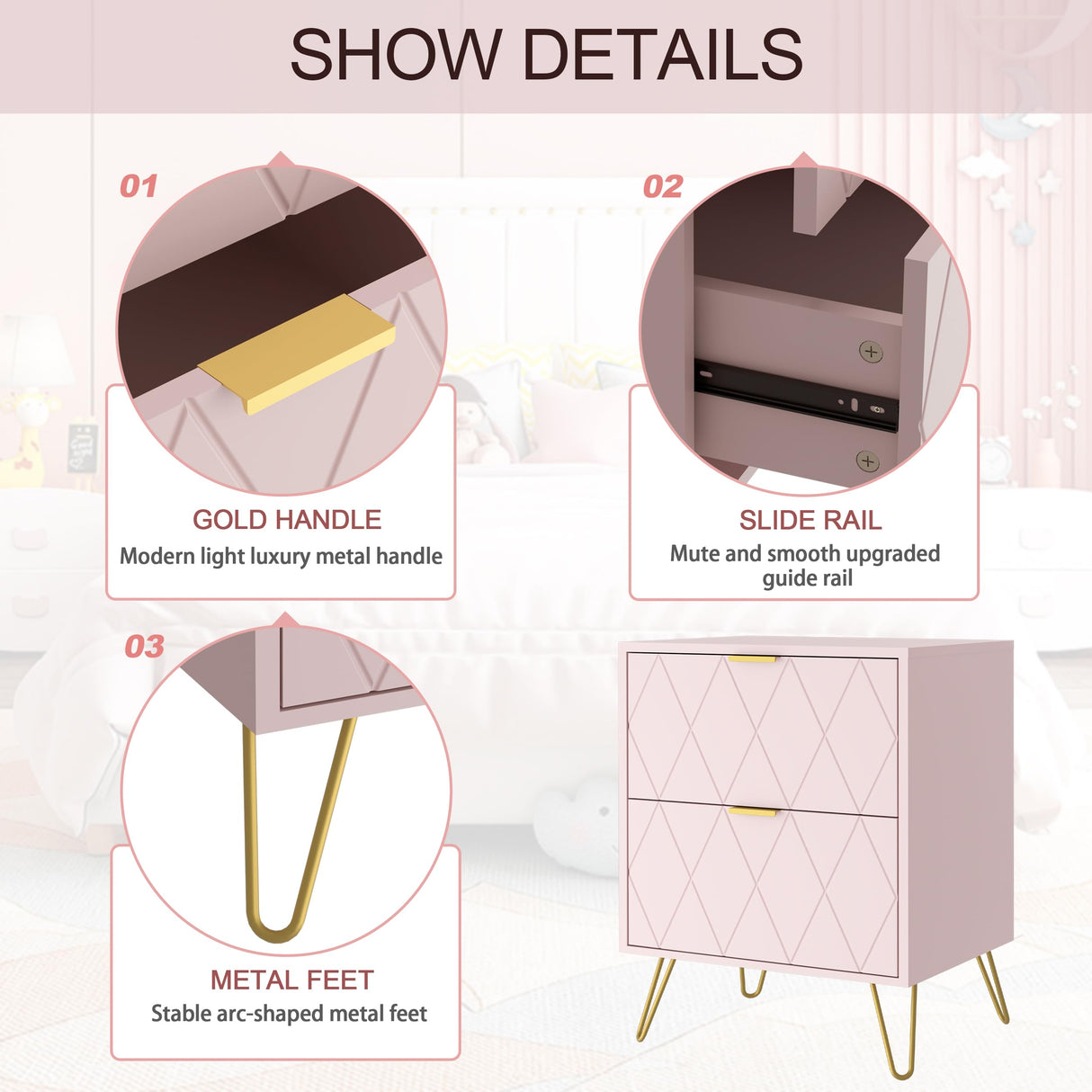 Anbuy Bedroom Sets 3 Pieces Pink Modern 9 Drawer Dresser and Nightstand Sets for Bedroom, Two Drawers Nightstand Set of 2 & 9 Drawer Dresser Combo 3 Pcs (Pink)