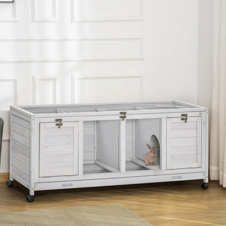 PawHut Wooden Rabbit Hutch, Bunny Cage with Wheels, Dividers, Openable Roof, Removable Trays, Small Animal Cages for 1-2 Rabbits, Indoor Outdoor Use, Light Gray PawHut