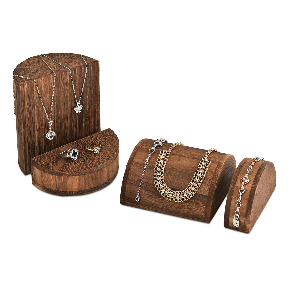 MOOCA 4 Pcs Lightweight Wooden Jewelry Display Riser Set for Bracelets, Earrings, and Necklaces, Multiple Combinations for Countless Display Styles, Brown Color MOOCA