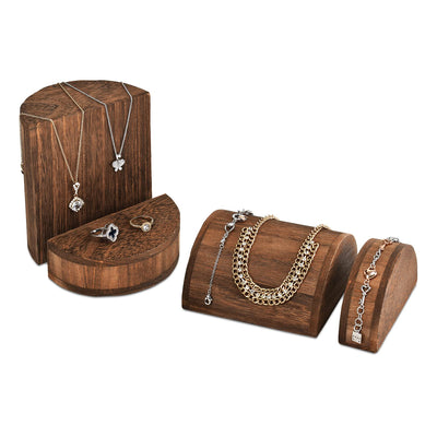MOOCA 4 Pcs Lightweight Wooden Jewelry Display Riser Set for Bracelets, Earrings, and Necklaces, Multiple Combinations for Countless Display Styles, Brown Color