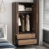 Hitow Wardrobe Armoire Closet with 2 Doors, Wardrobe Cabinet with 2 Drawers & Hanging Rod, Bedroom Armoire Clothes Organizer with Gold Handles, Type B Brown (31.5" W x 19.1" D x 65.1" H) Hitow