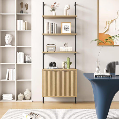 Ladder Bookshelf with Cabinet, 71" Tall Wall Bookshlef with Shelves & Storage, Fluted Ladder Shelf with Metal Frame, 6-Tier bookcase Shelf for Living Room, Home & Office, Bedroom, Natural & Black FiveWillowise