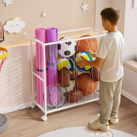 Homsorout Ball Storage Bin Rolling Sports Ball Cart, Metal Garage Organizer Sport Rack, Ball Basket Storage, Ball Cage for Garage or Gym, Indoor & Outdoor Sports Equipment Organizer white Homsorout