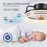 BYKISTOK Ceiling Fans with Lights - 13" Bladeless Flush Mount Ceiling Fans with Remote and Led Light, 3CCT 6 Speeds 2 Timer, Black Low Profile Ceiling Fan Light for Modern Indoor Bedroom BYKISTOK