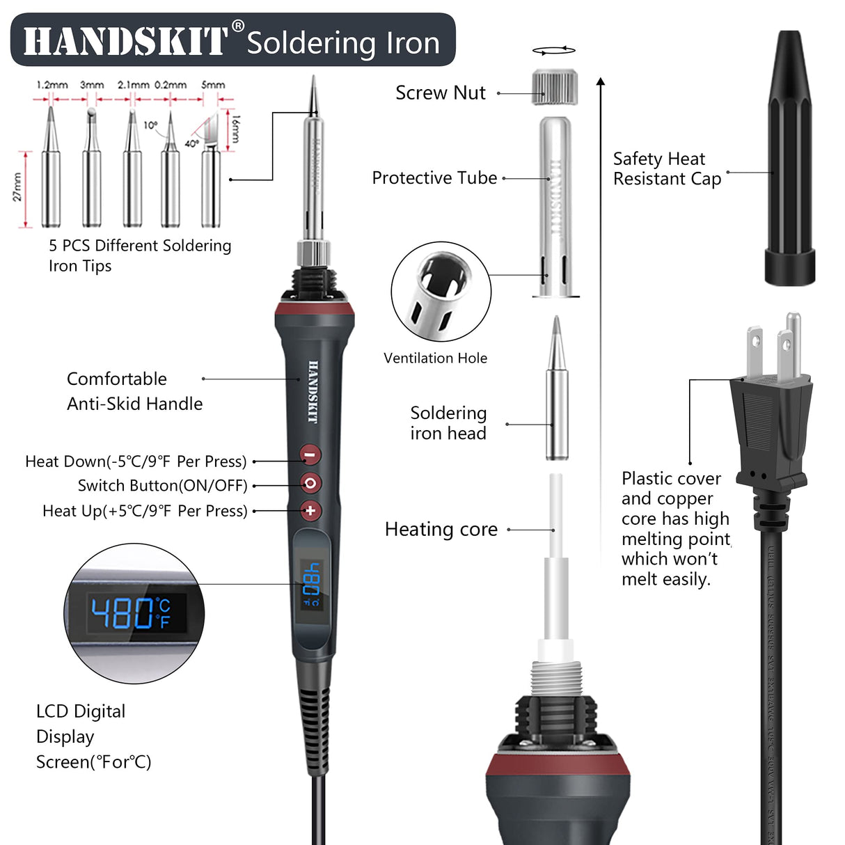 Soldering Iron Kit, 90W Adjustable Temp Soldering Iron with LED, 9-in-1 Soldering Gun Kit, Includes 5 Tips, Solder Wire, Stand, Precision Tools for Solder Kit Electronics and Welding Tools Repairs HANDSKIT