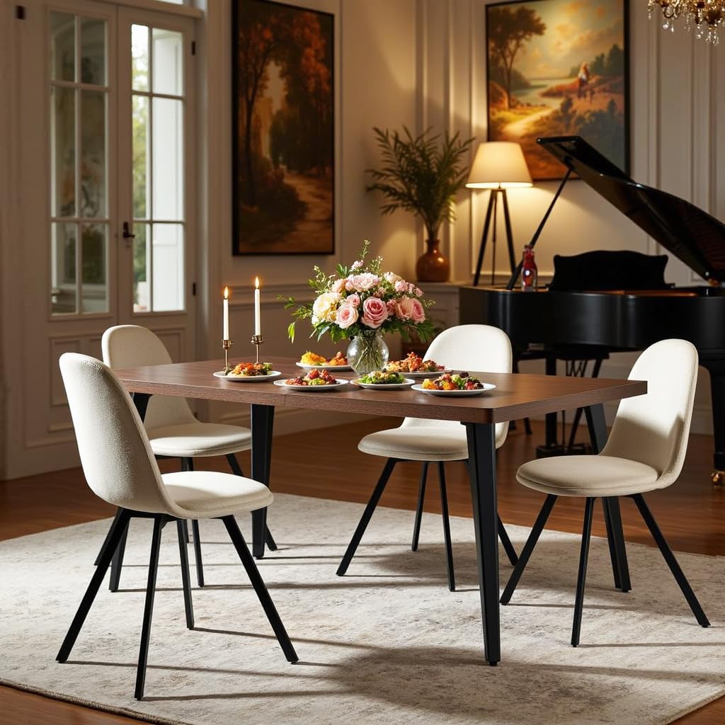 HomyCasa 5-Piece Mid-Century Dining Set, 63" Rectangular Table & 4 Swivel Upholstered Chairs (Fabric/Suede), Sturdy Metal Frame, Perfect for Kitchen, Dining Room, Office, or Restaurant (Brown & White) Homy Casa