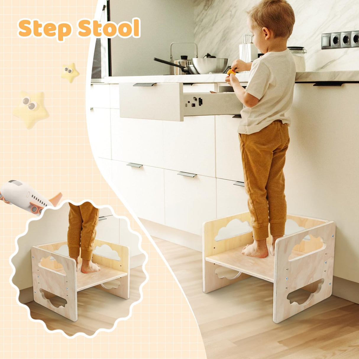 Montessori Weaning Table and Chair Set, Wooden Toddler Table and Chair Set Kids Activity Table Step Stools with Blackboard & 3 Heights Adjustable, 1-3 Age Kids Funiture for Eating Drawing Reading Satisure