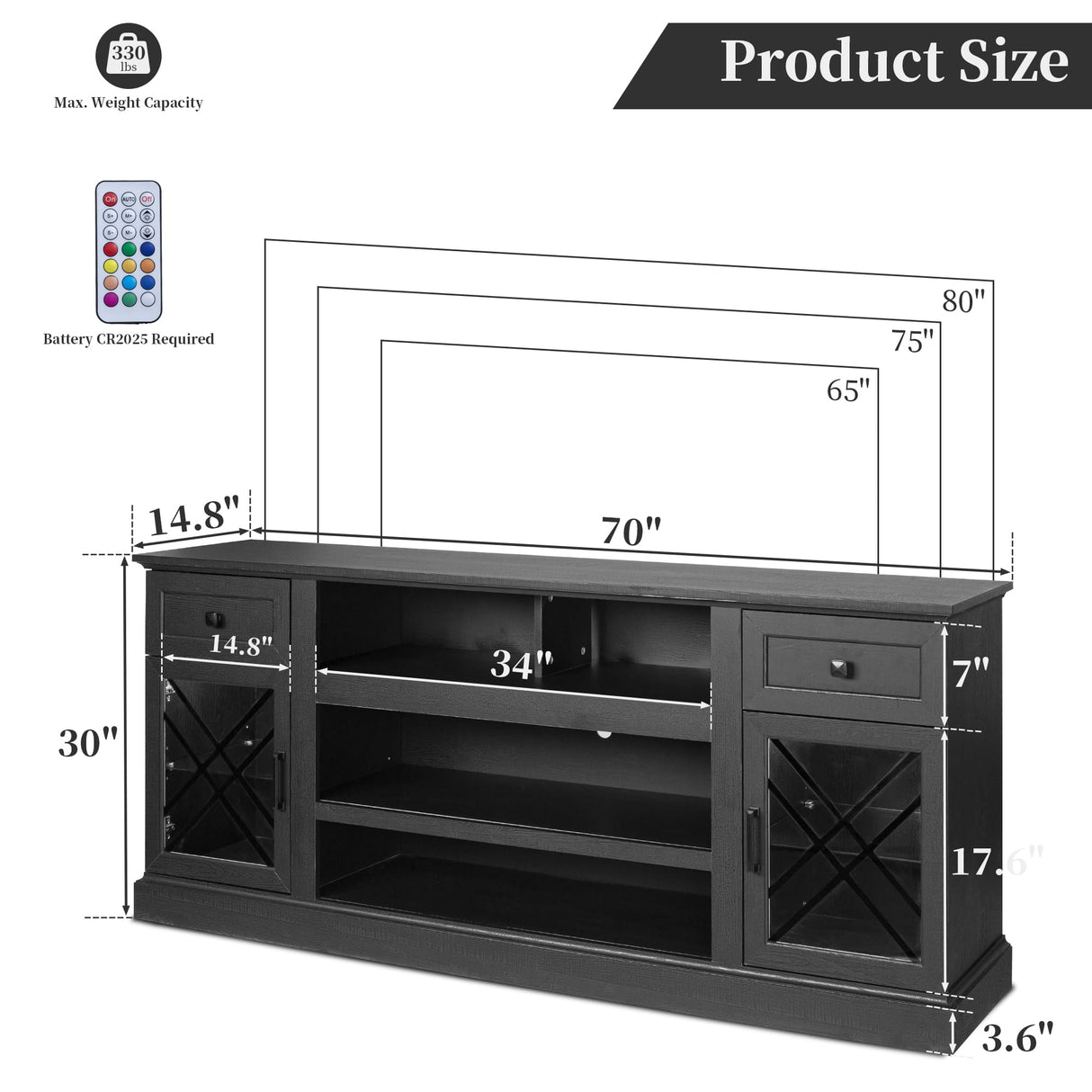 ENOUSHU 70 Inch Farmhouse TV Stand Table for 75 80 inch TV, Modern Entertainment Center with LED Lights and Glass Doors, Wooden Black TV Stands for Living Room ENOUSHU