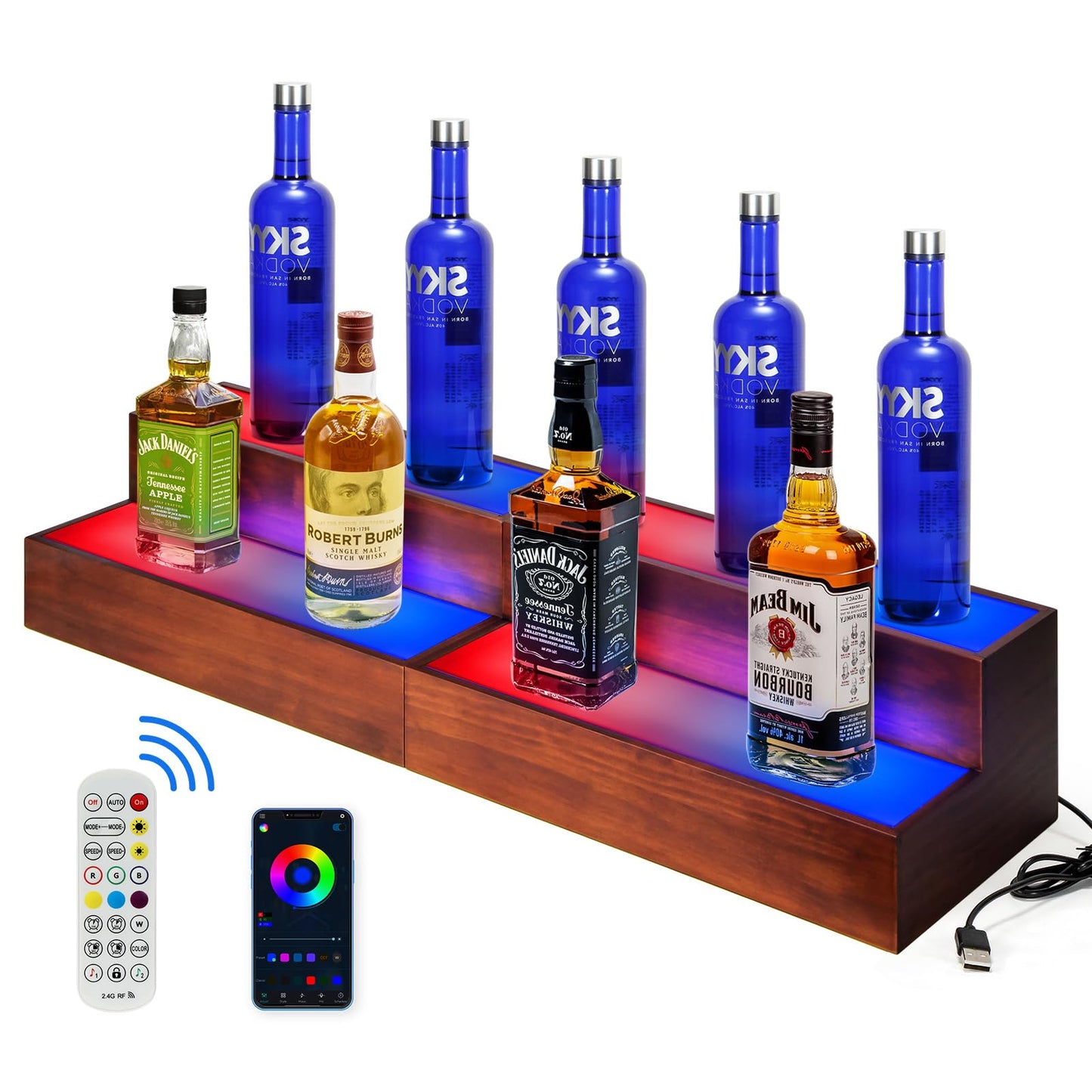 B4Life 2 Pack 16 Inch LED Lighted Liquor Bottle Display Shelf, 2 Tier LED Bar Shelves for Liquor Bottles, Bar Bottle Display Shelf, Lighted Liquor Shelf, Bar Lights for Liquor Shelves