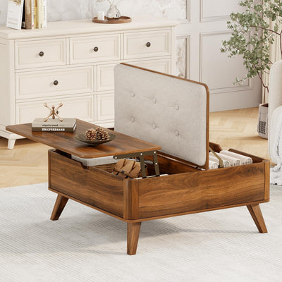 VOPEAK Storage Ottoman Coffee Table with Lift Top, Modern Square Coffee Table with Hidden Storage, Cotton and Linen Fabric Upholstered Ottomans, Cocktail Footrest Ottoman for Living Room, Walnut Brown