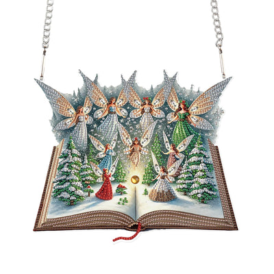 5D Christmas Diamond Painting Pendant Kit, Magic Book with Flying Elf and Snowy Forest, DIY Crystal Diamond Art Hanging Sign for Window, Door & Wall, Fantasy Home Decoration Gift, 24.1 x 20.4 cm