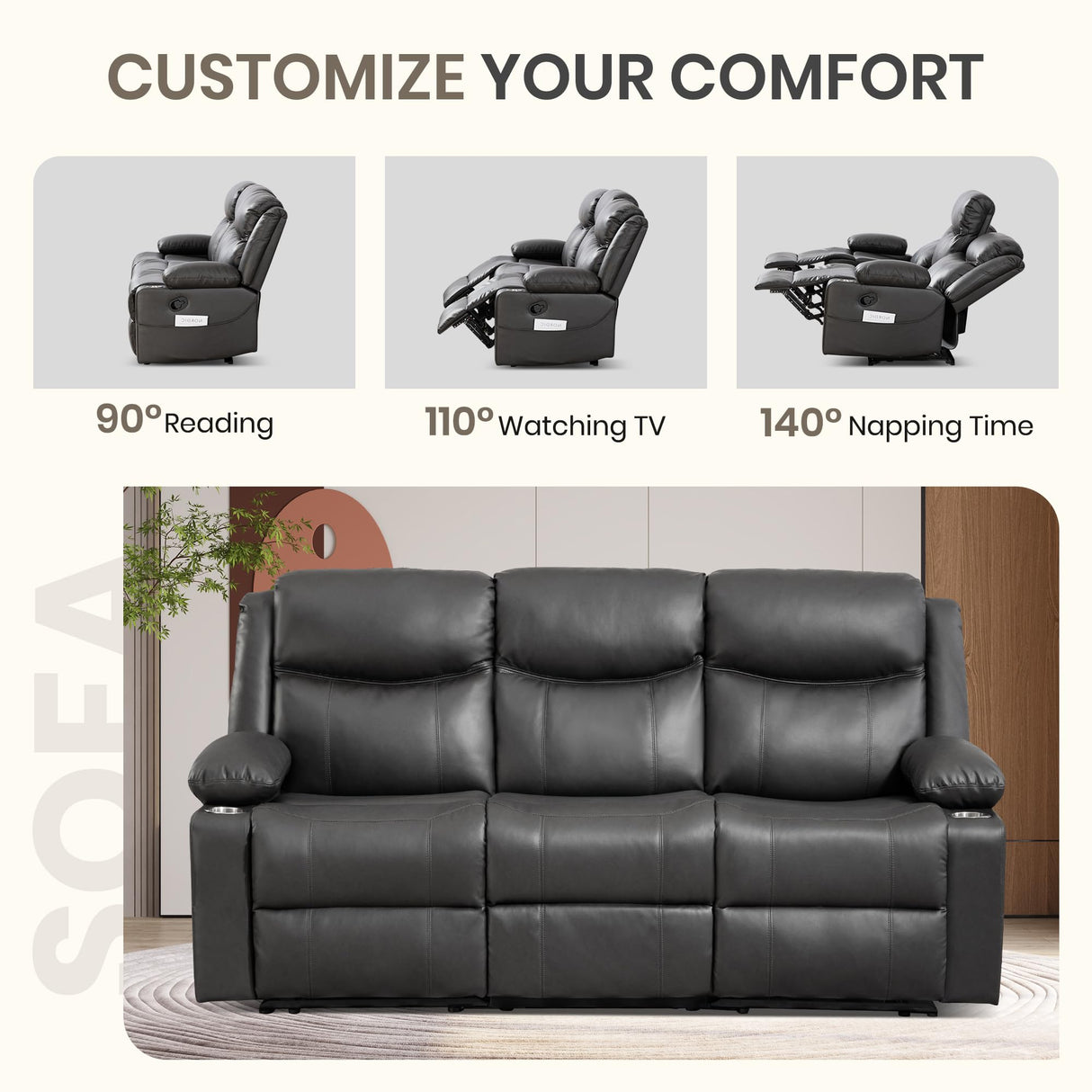 CALIVIA Manual Reclining 3-Seater Sofa with Heat & Massage, PU Leather Recliner Couch for Living Room, Faux Leather Upholstery, Deep Cushions & Sturdy Frame (Grey) CALIVIA