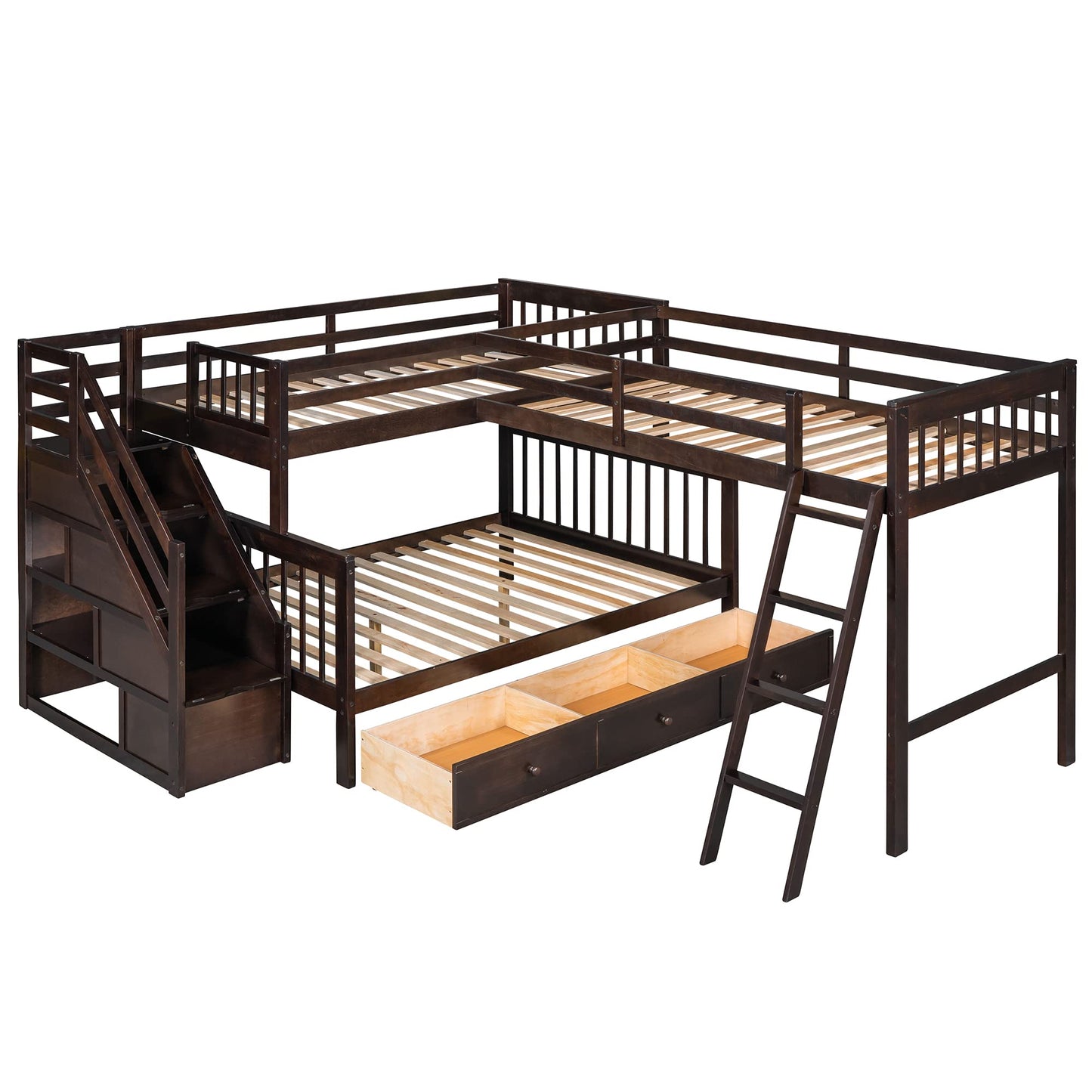 Espresso L Shaped Triple Bunk Bed with Stairs & Storage for Kids, Teens, and Adults - Twin Over Full Design - WoodArtSupply