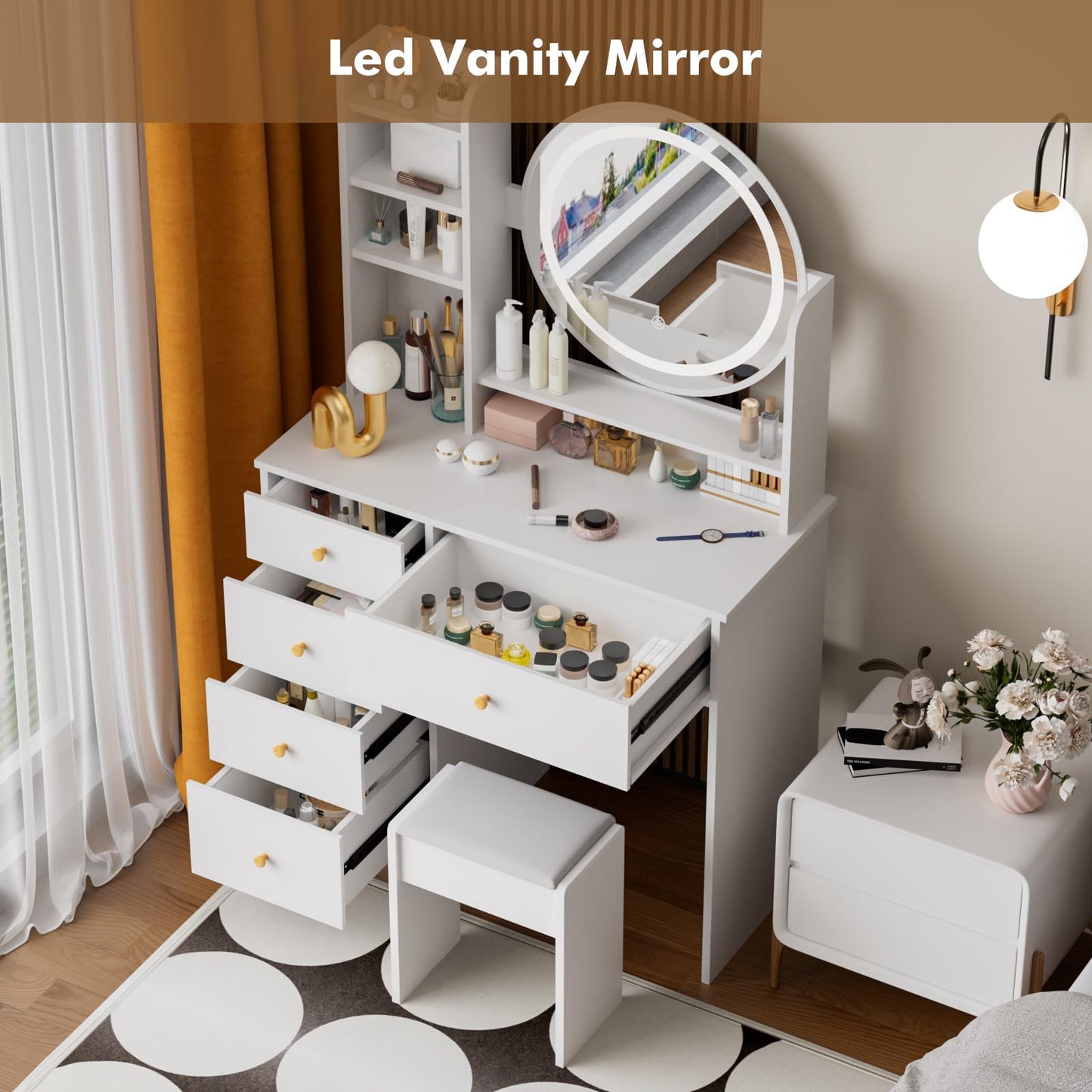 ADOFFUR Vanity Desk with Round Mirror and Lights, Small Makeup Vanity Table Set with Chair & 5 Drawers & Storage Shelves, 3 Lighting Modes Adjustable Brightness Dressing Table for Bedroom, White