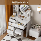 ADOFFUR Vanity Desk with Round Mirror and Lights, Small Makeup Vanity Table Set with Chair & 5 Drawers & Storage Shelves, 3 Lighting Modes Adjustable Brightness Dressing Table for Bedroom, White ADOFFUR