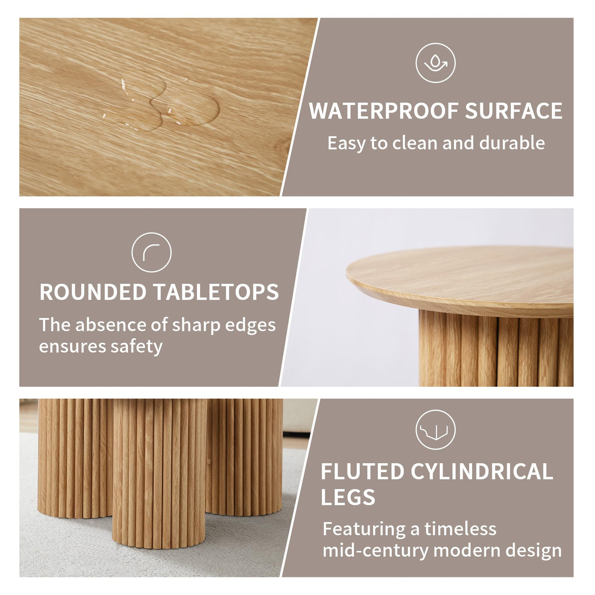 Bifins Round Nesting Coffee Table Set of 3,Mid Century Modern Fluted Coffee and End Table Set,Small Circle Wooden Side Table Drink Table for Living Room (Natural) Bifins