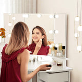 VOWNER Vanity with Lights - Makeup Vanity Desk with Power Outlet, 3 Color Lighting Options Brightness Adjustable, Vanity Table with 5 Rotating Drawers, Shelves and Stool for Bedroom, White VOWNER