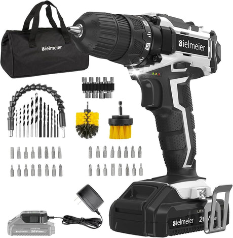 Bielmeier 20V MAX Cordless Drill Set – 285 In-lb Torque,2 Variable Speed,64+1 Position,3/8" Keyless Chuck,Drill Machine Includes 2 Brushes,Flex Shaft,Cloth Bag & 58 Drill Bits（Black） BIELMEIER