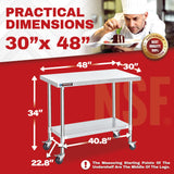 Food Prep Stainless Steel Table - DuraSteel 30 x 48 Inch Metal Table Cart - Commercial Workbench with Caster Wheel - NSF Certified - For Restaurant, Warehouse, Home, Kitchen, Garage DuraSteel