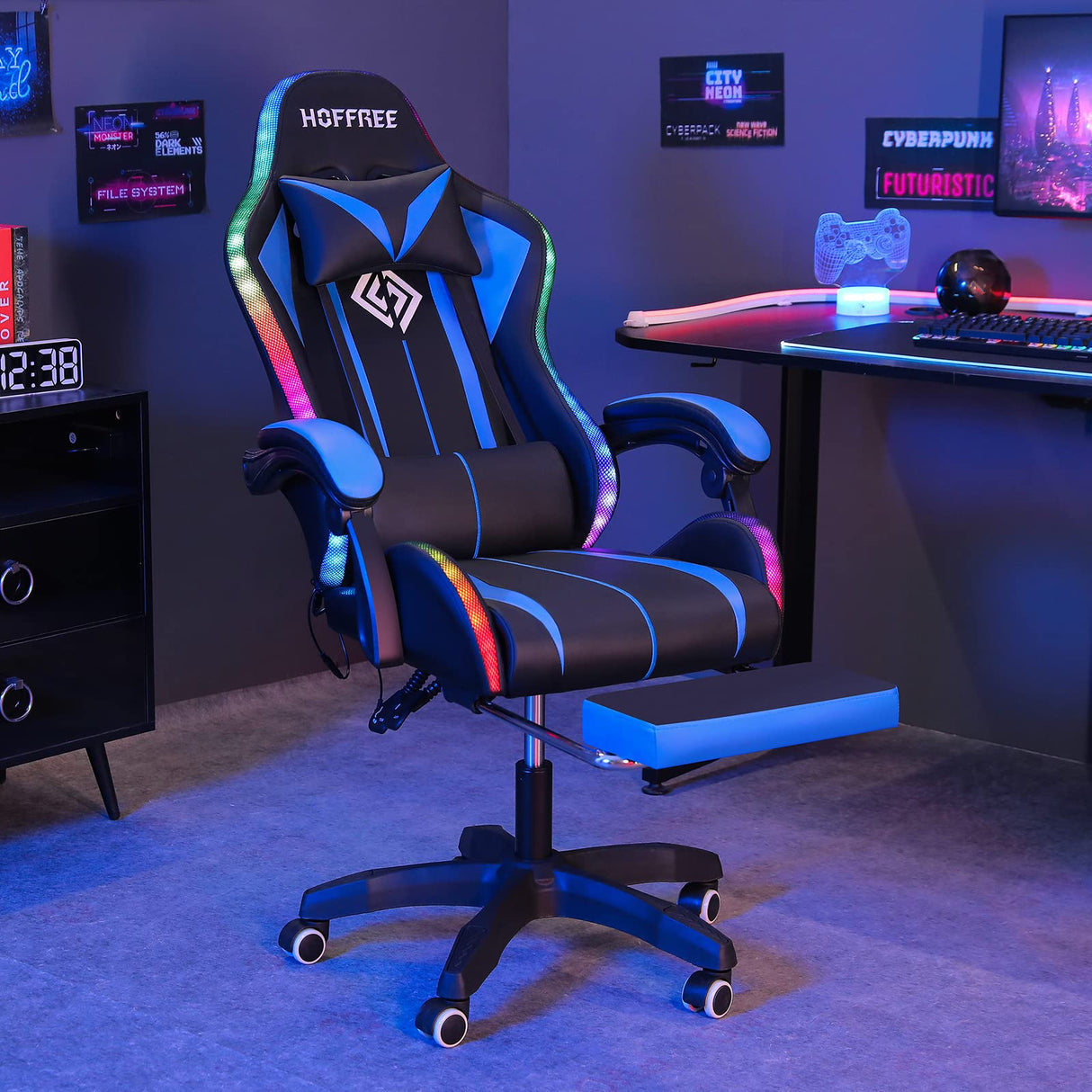 Gaming Chair Massage with LED Lights and Ergonomic Computer Gaming Chair with Footrest High Back Video Game Chairs with Adjustable Lumbar Support Blue and Black VANSPACE