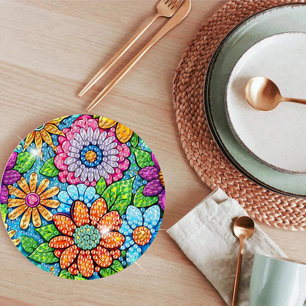 ijbnhd 8 Pcs Flowers Diamond Art Coasters with Holder-DIY Flowers Diamond Painting Coasters 5D Diamond Art Coaster with Cork Pads for Adults for Holiday Gift ijbnhd