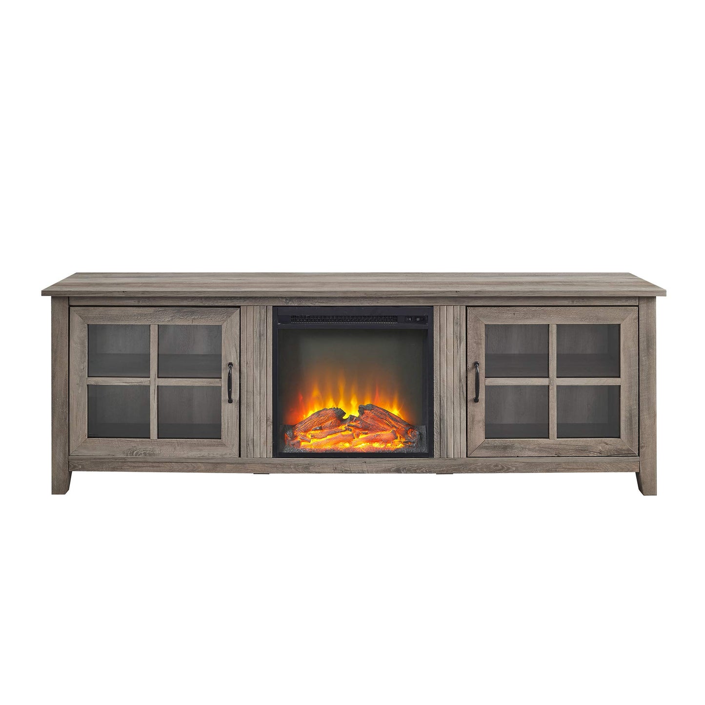 Walker Edison Bern Classic 2 Glass Door Fireplace TV Stand for TVs up to 80 Inches, 70 Inch, Grey Wash