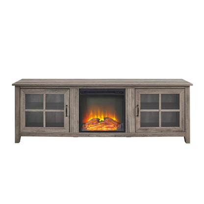 Walker Edison Bern Classic 2 Glass Door Fireplace TV Stand for TVs up to 80 Inches, 70 Inch, Grey Wash