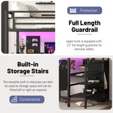 MoproBeti Queen Loft Bed with Stairs and Desk,Metal High Loft Bed with Wardrobe and Adjustable Shelf, Gaming Bed with LED and USB, Heavy Duty Frame,No Noise, Black MoproBeti