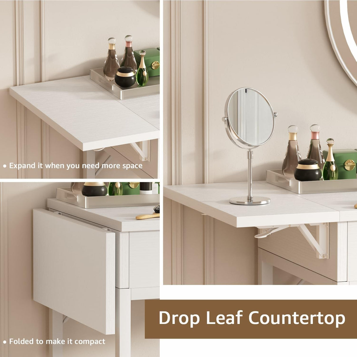 KAI-ROAD Small Makeup Vanity Desk No Mirror White Vanitys Table Set with Wood Drawers and Chair Stool, Outlets & Foldable Countertop for Bedroom Schminktisch Modern KAI-ROAD