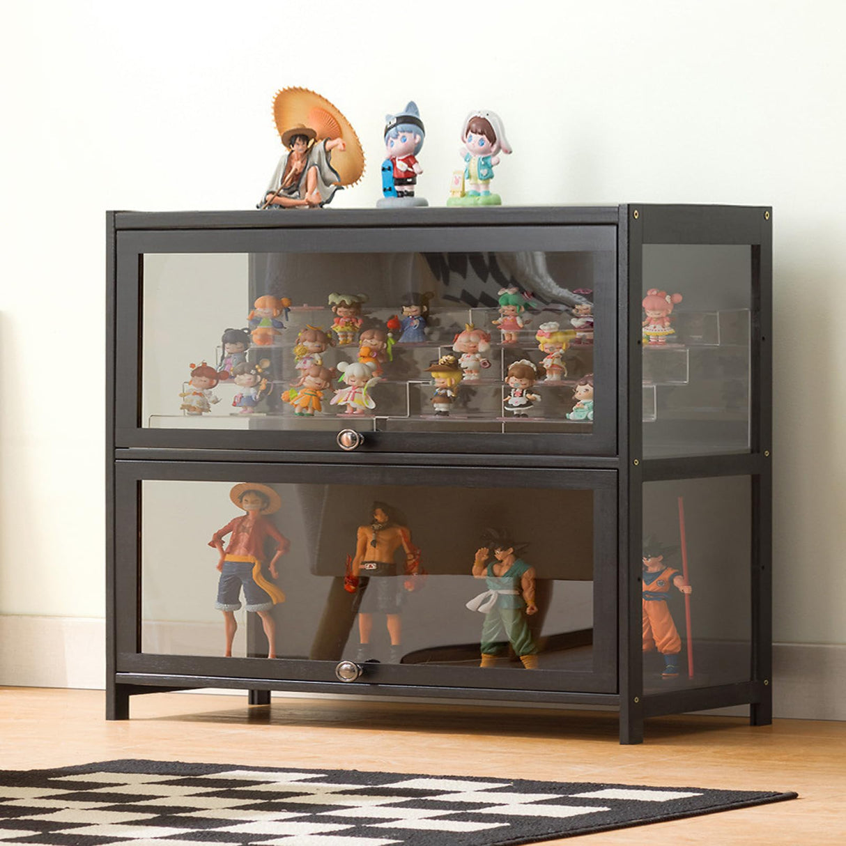 Curio Display Cabinet with Acrylic Glass Door 1-5 Tier Display Cabinet Natural Bamboo Display Cases for Collectibles High Capacity Storage Cabinet with Flip-top Door Strong Load-Bearing Capacity JSWHYBD