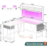 Yoobure L Shaped Desk Gaming Desk with LED Strip & Power Outlet, Reversible L-Shaped Computer Desk with Storage Shelf & Drawer, Corner Desk with Storage Bag, 2 Person Home Office Desk, White Yoobure