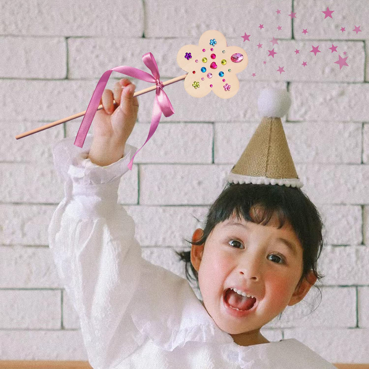 WUBOMJIO Princess Fairy Wands Craft Kit, Kid Birthday Party Supplies Make Your Own Magic Wands Include Unfinished Wooden Fairy Wands, Gem Stickers, Ribbons, Ideal for Kids 6+(14 PCS) WUBOMJIO