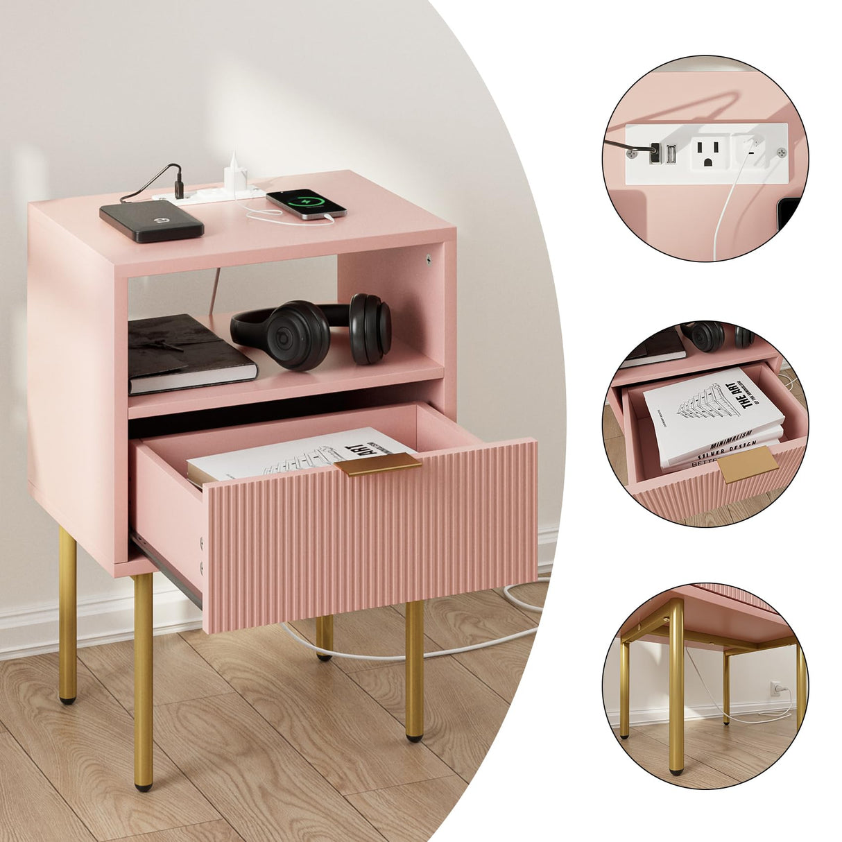Masupu Nightstand with Charging Station,Mid-Century Modern Bedside Table with Storage Drawer and Open Wood Shelf,Small Gold Frame Side Table for Bedroom,Living Room (Pink) Masupu