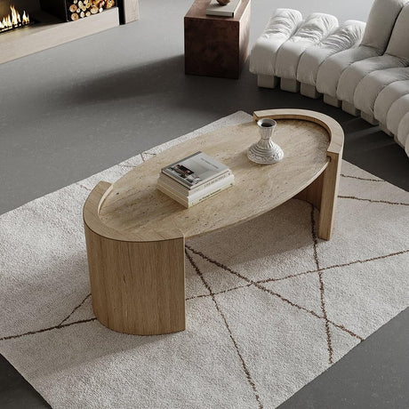 homary 43" Japandi Oval Travertine Stone Top Coffee Table – Double Pedestal Oval Coffee Table with Natural Beige Stone Surface and Engineered Wood Base for Living Room and Lounge homary