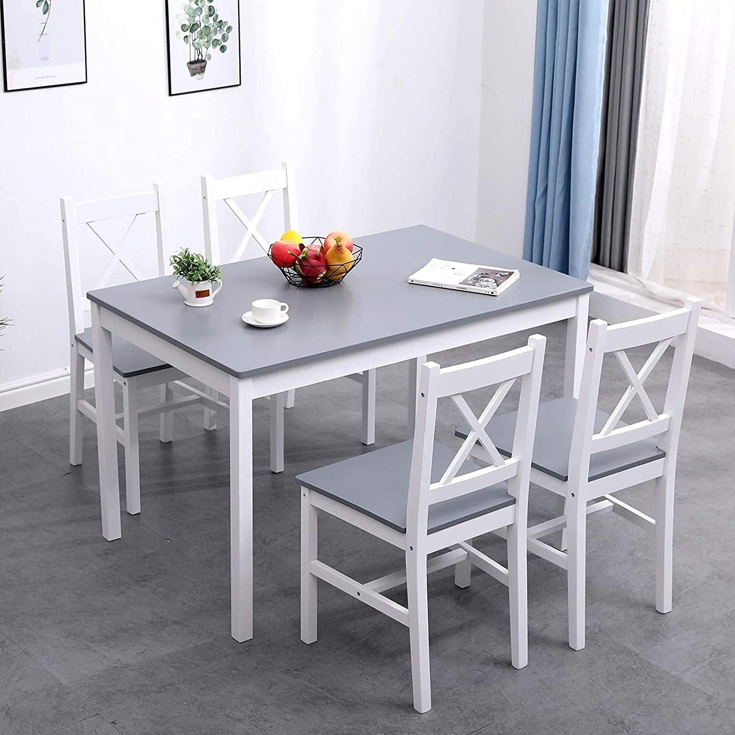 SogesPower Dining Table Set for 4, 5-Piece Wood Kitchen Dining Table Set with 4 Chairs for Kitchen Dining Room Restaurant Small Space, Grey&White - WoodArtSupply