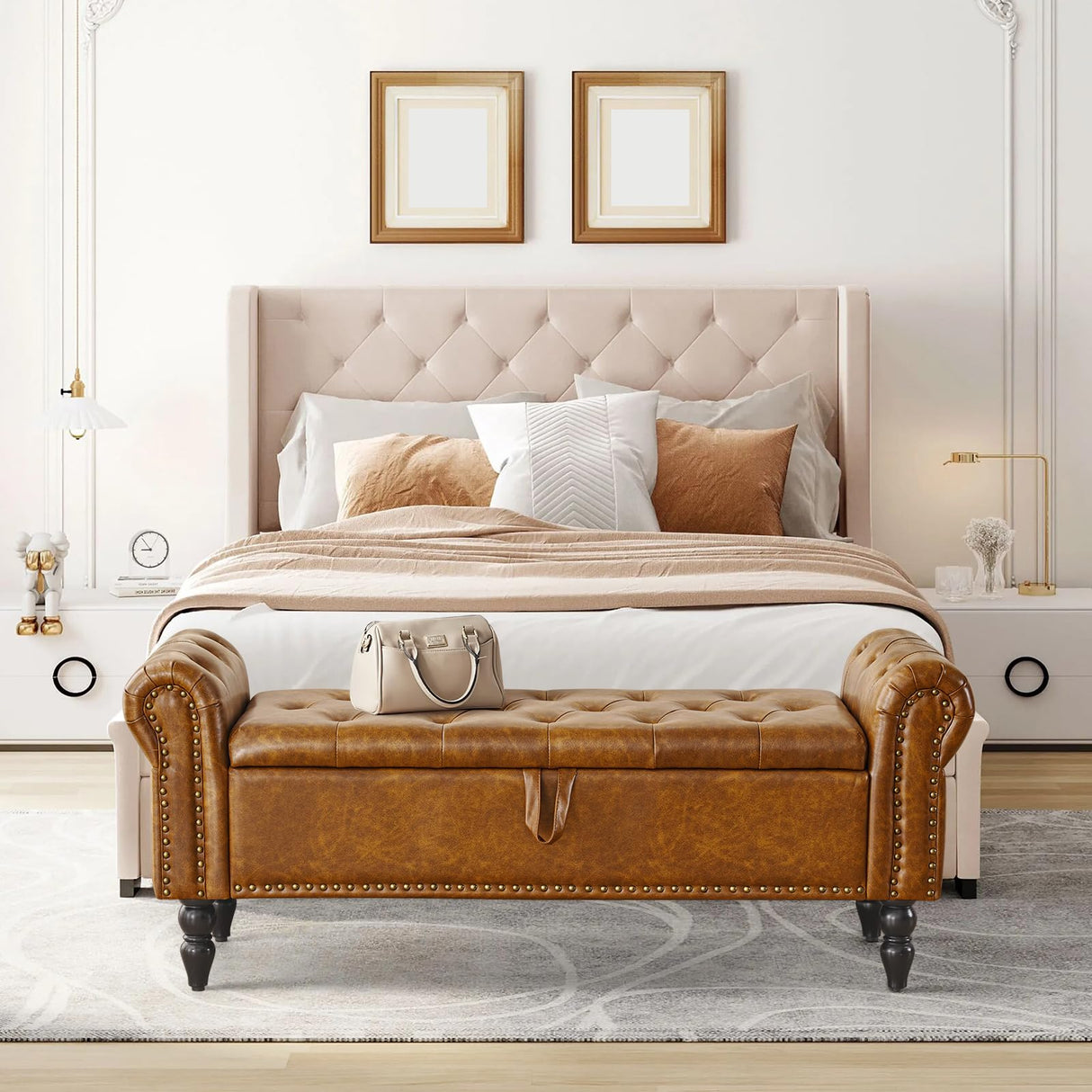 Furniliving Storage Ottoman Bench, Leather Bench End of Bed Bench with Solid Wood Legs Upholstered Ottoman Bench with Storage Indoor Bench for Living Room with Rolled Arm, Entryway, YellowBrown Furniliving