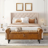 Furniliving Storage Ottoman Bench, Leather Bench End of Bed Bench with Solid Wood Legs Upholstered Ottoman Bench with Storage Indoor Bench for Living Room with Rolled Arm, Entryway, YellowBrown Furniliving