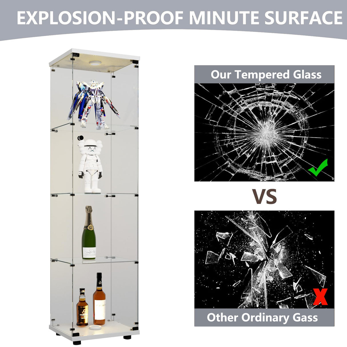 Fulocseny 4-Shelf Glass Display Cabinet White Display Case with LED Light and Glass Door Modern Curio Collection Cabinet, Floor Standing Bookshelf for Living Room Office（White 64.7"x16.7"x14.3"） Fulocseny