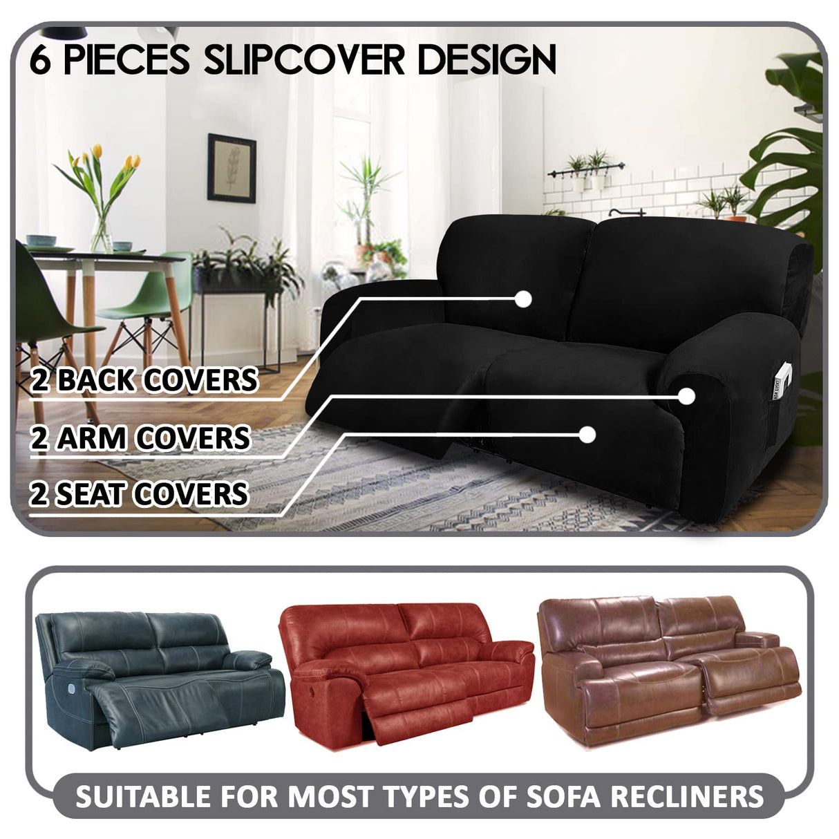 ULTICOR Extra Wide 75" - 100", Reclining 2 Seater Sofa, Extra Wide Reclining Love Seat Slipcover, 6-Piece Velvet Stretch, Reclining Sofa Covers, Thick, Soft, Washable (Black) ULTICOR