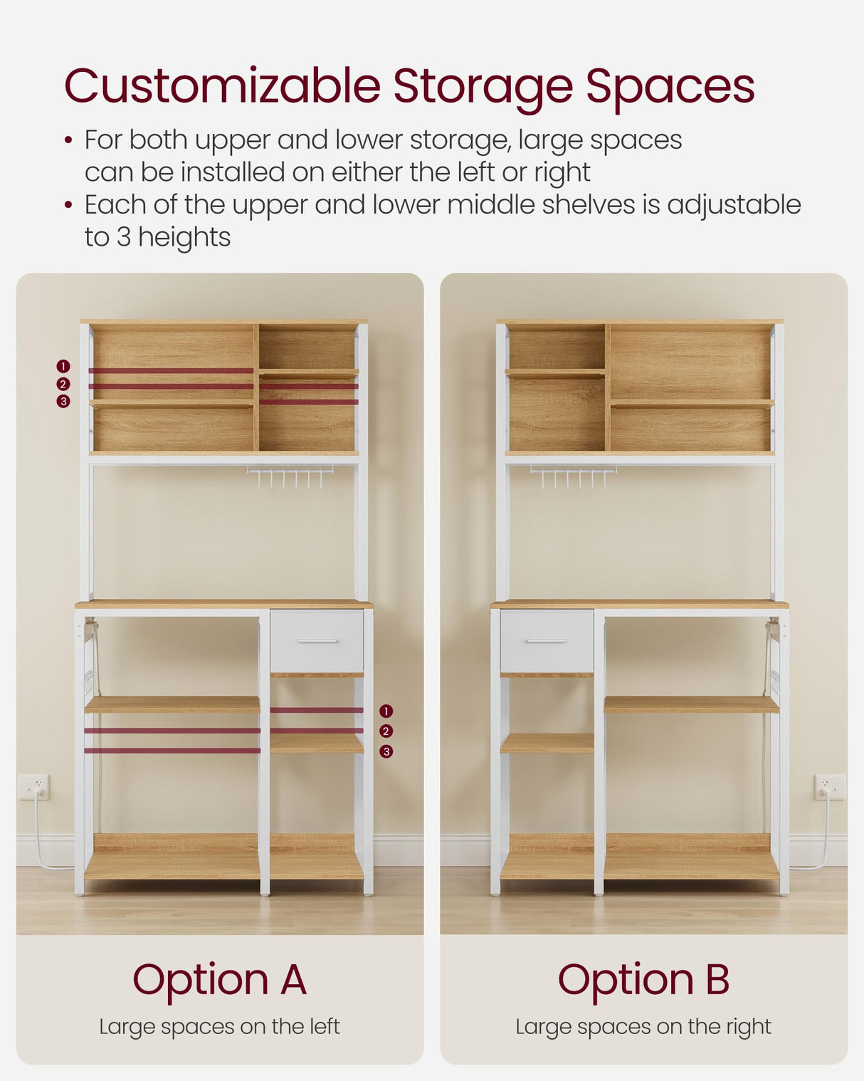 VASAGLE Bakers Rack with Charging Station, Coffee Bar with Adjustable Storage Shelves, Fabric Drawer, 12 Hooks, 15.7 x 31.5 x 71 Inches, Kitchen Microwave Stand, Golden Oak and Cloud White UKKS015Y03 VASAGLE