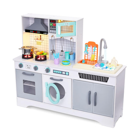 Lil’ Jumbl Kids Wooden Kitchen Set, Pretend Working Sink with Real Running Water, Includes Range Hood, Microwave & Stove Top That Make Realistic Sound & Light, Full Accessory Set Included Lil' Jumbl