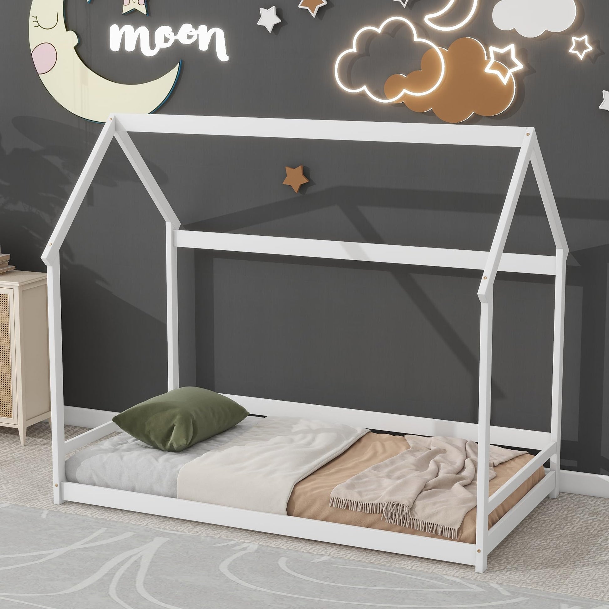 ROCKINGRUN Twin Size Wooden House Bed with Storage Shelves and Hanger - Montessori Floor Bed Frame in White - WoodArtSupply