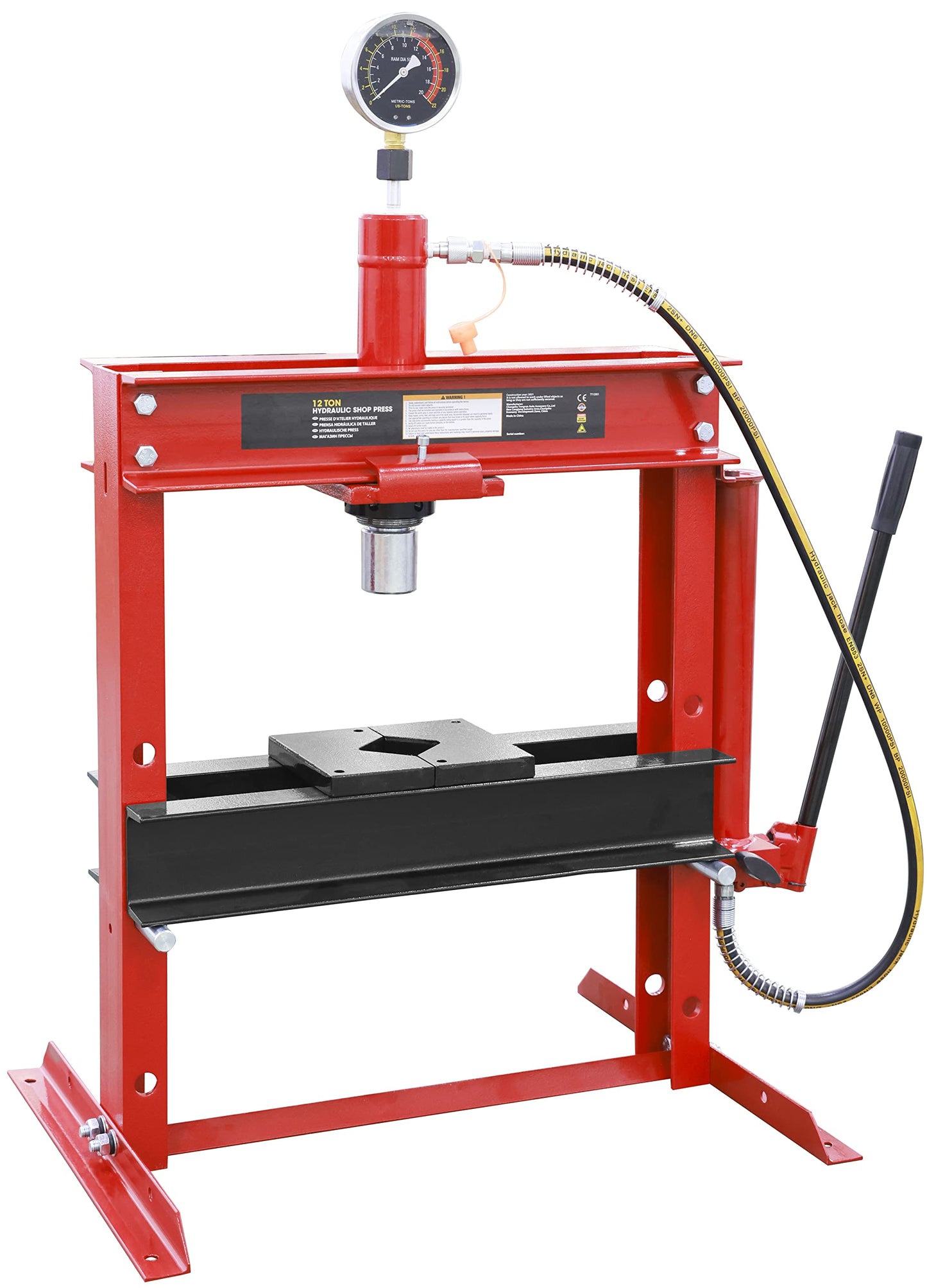 BIG RED ATY12001R Torin Steel H-Shape Hydraulic Garage/Shop Benchtop Press with Gauge and Stamping Plates, 12 Ton (24,000 lb) Capacity, Red - WoodArtSupply