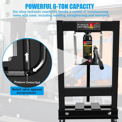 SPOWAY 6 Ton Hydraulic Shop Press, H-Frame Floor Mount Hydraulic Press with Press Plates Adjustable Working Table Height, 6 Ton Shop Press for Car Repair and Garage, Black - WoodArtSupply