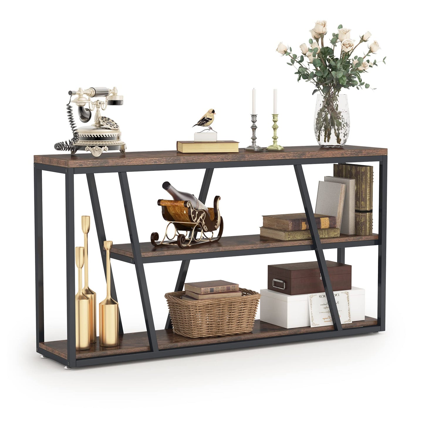 Tribesigns Console Table, Industrial Sofa Table with Shelves, 3-Tier Entryway Table with Storage for Entryway, Living Room, Hallway, 59.1" L x 11.8" W x 31.5" H, Rustic Brown - WoodArtSupply