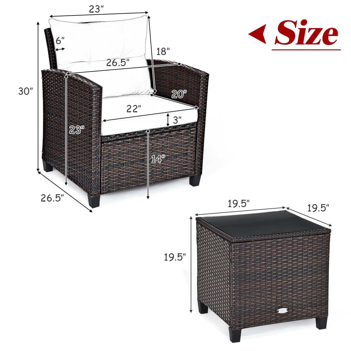 Tangkula 3 Pieces Patio Furniture Set, PE Rattan Wicker 3 Pcs Outdoor Sofa Set w/Washable Cushion and Tempered Glass Tabletop, Conversation Furniture for Garden Poolside Balcony (White) Tangkula