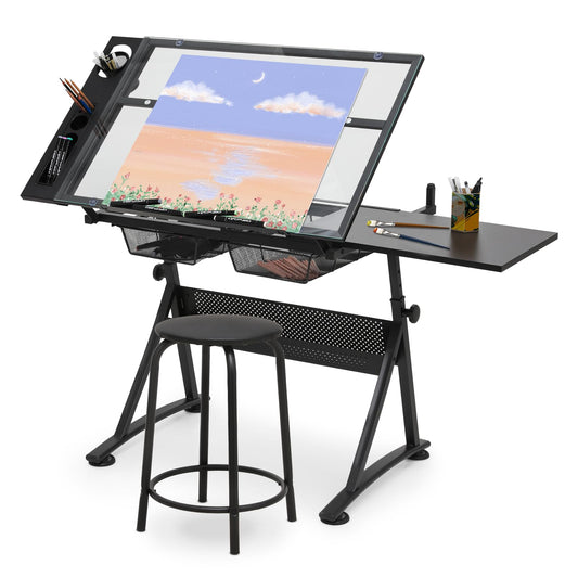 BRIGHTORIA Adjustable Drafting Table & Stool Set, Art Desk with Additional Slide-Out Table Design, Versatile Drawing Table with Storage, for Art, Drafting and Creative Tasks, Natural