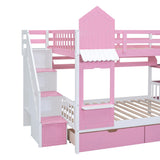 Kids Full Bunk Bed with Stairs and Slide, Wood Full Over Full Bunk Bed with Storage Drawers and Shelves, Castle Style Bunk Beds for Kids Teens Girls Boys, Pink Bellemave