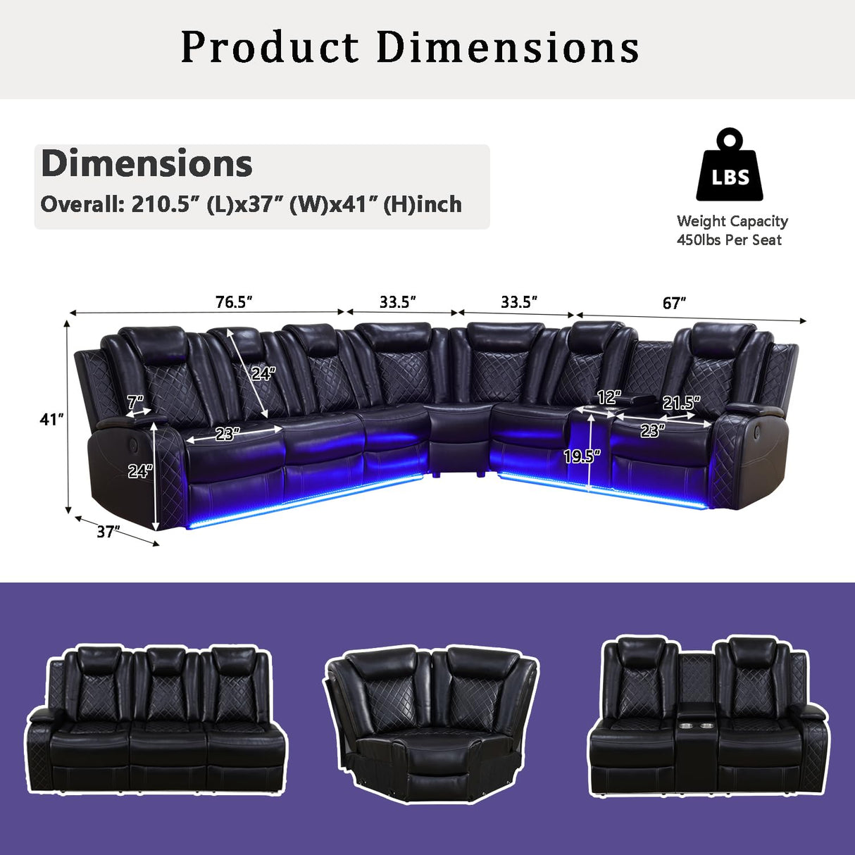 A Ainehome Power Recliner Set, Leather Sectional Sofa Set for Living Room, Home Theater, with LED Lights, Cup Holder, Hide-Away Storage, Wireless Charging(A-Black) A Ainehome