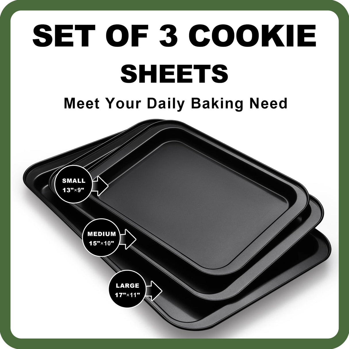 Baking Sheet Tray Set, 3 Pack Cookie Sheet Pan for Oven, Nonstick Bakeware Sets with Wider Grips, Half/Jelly Roll/Quarter Non Toxic & Easy Clean - Dark Grey EWFEN